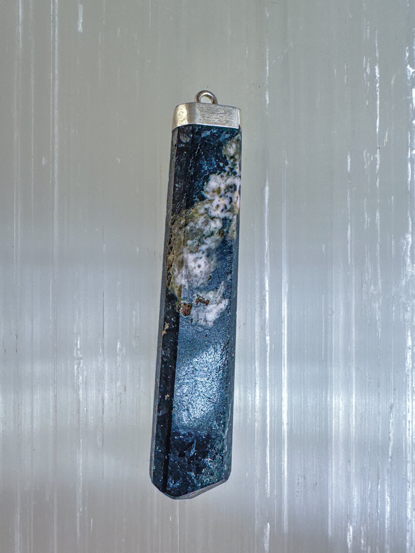 Mystic Forest Moss Agate and Black Kyanite Pendant