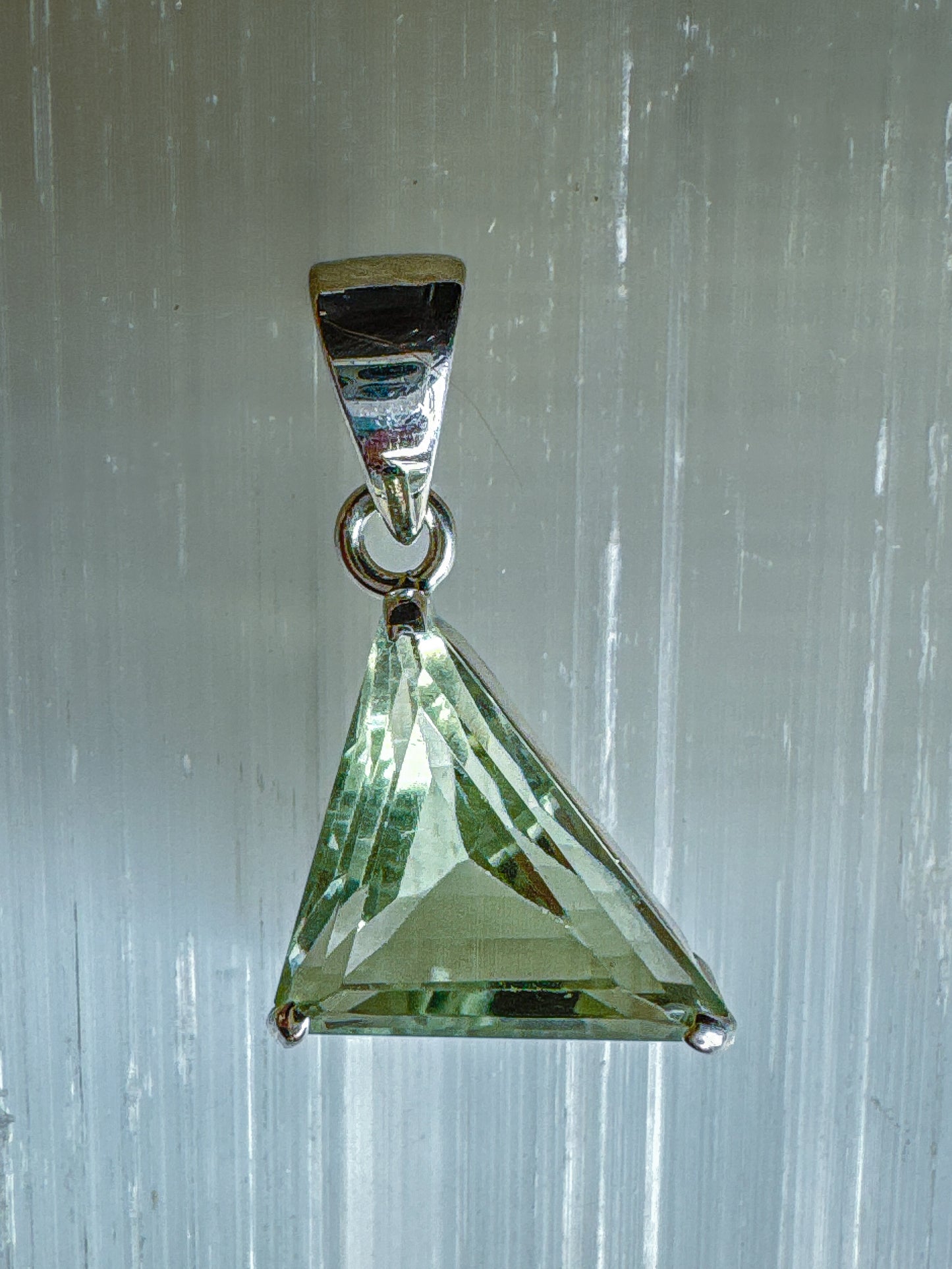 Sacred Hearts Green Amethyst Triangle Pendant